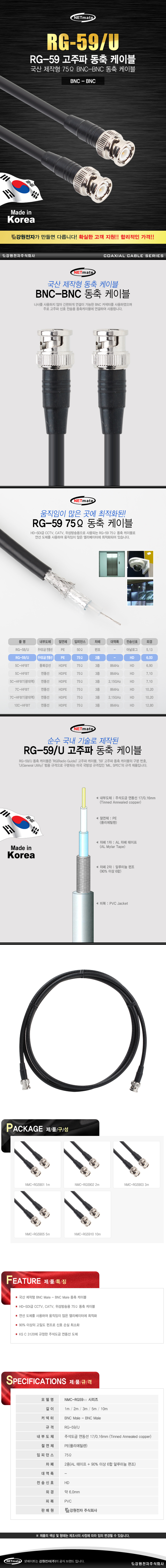 RG 연동선 케이블 동축 59 BNC 10m 고주파