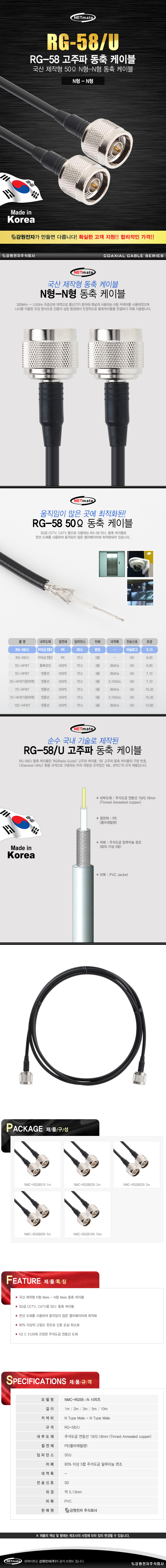 RG-58 동축 케이블 3m 무전기케이블 안테나선 무전기선 RG58케이블 안테나케이블