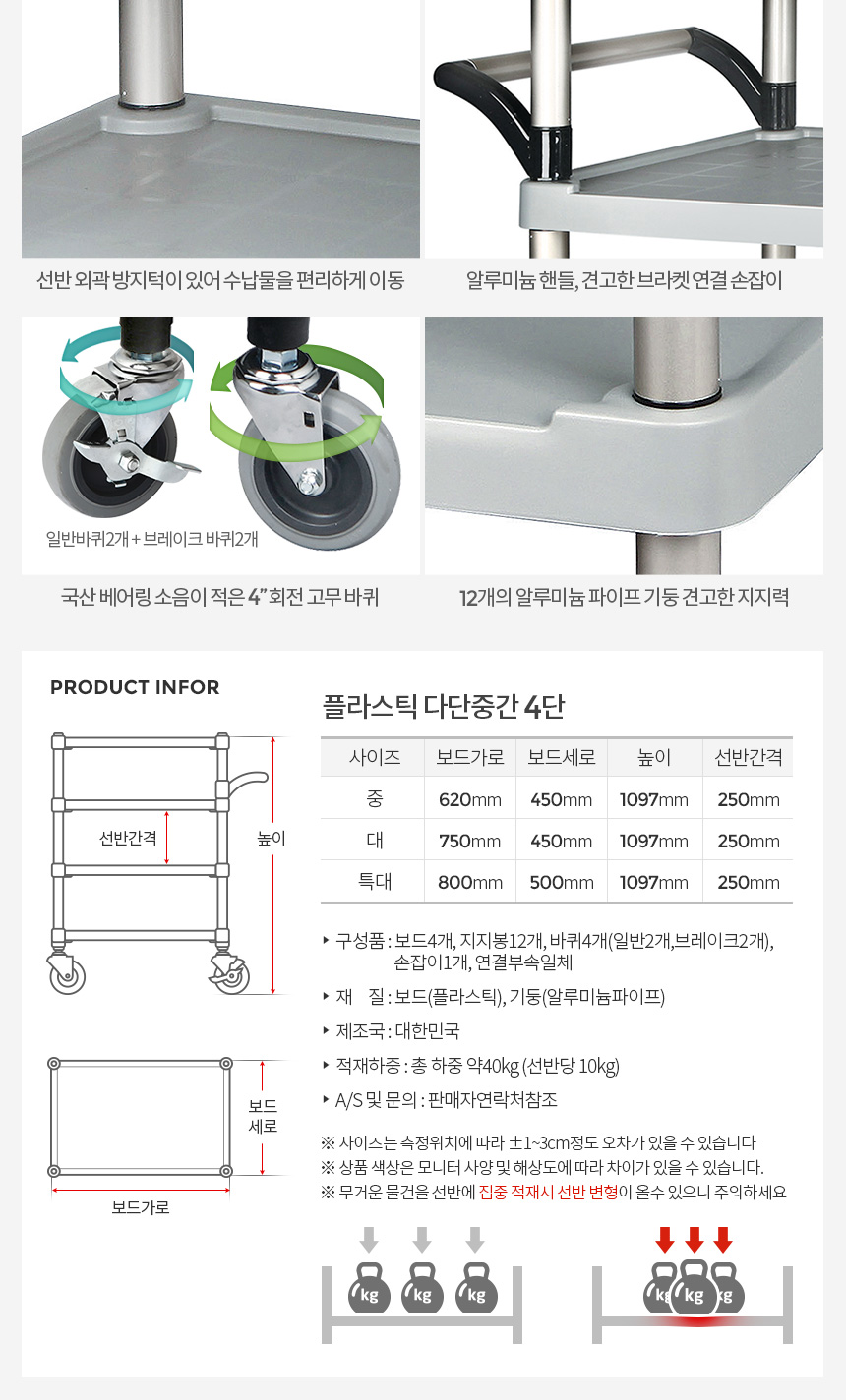 다단중간4단 주방웨건 웨곤카트 트롤리 이동식조리대